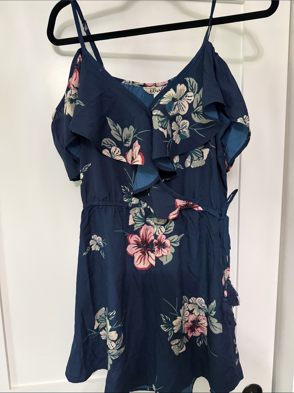 Blush Navy Floral Ruffle Wrap Sundress with Pink and Cream Blooms